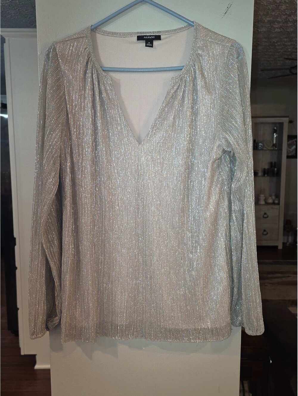 Alfani gray metallic shimmer long sleeve V neck top